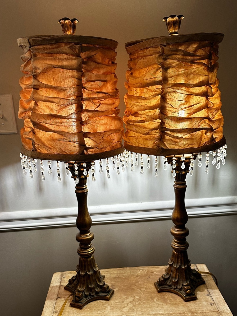 2 Elegant Ruffled Amber Table Lamp with Crystal Fringe - Home Accents
